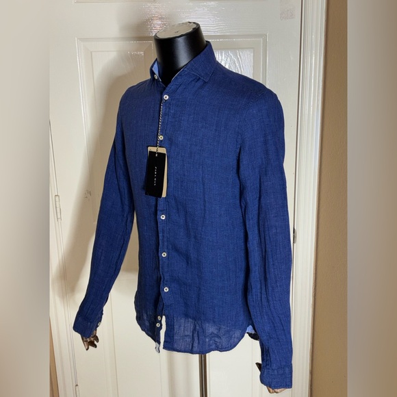 ZARA 100% LINEN SHIRT WITH collar and long sleeves pocket BLUE Small NWT - Picture 2 of 13